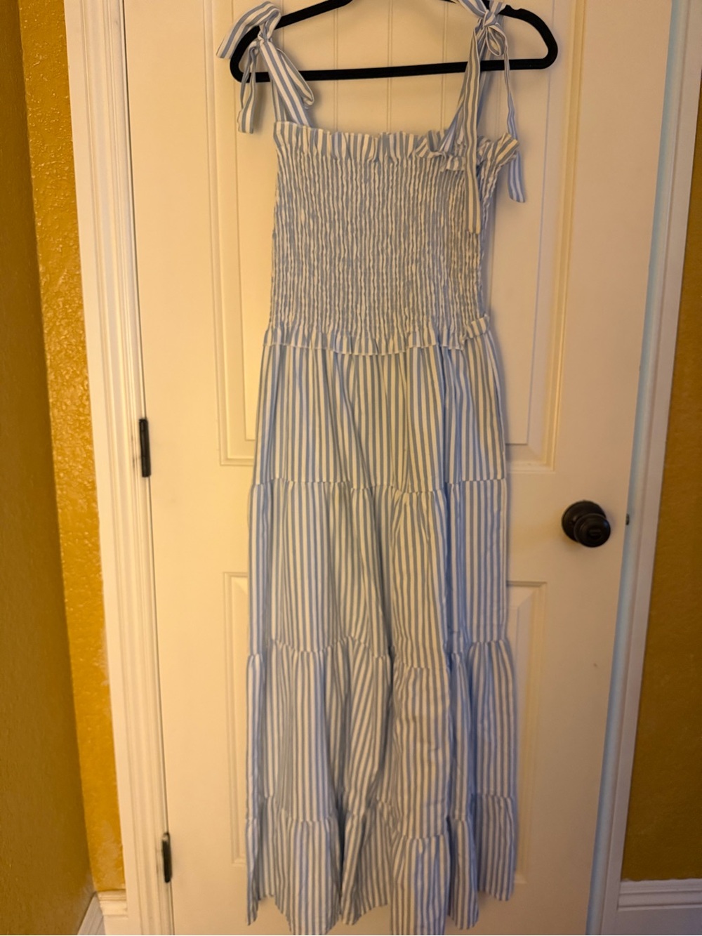 Trendy boutique Blue and White Striped Tie-Shoulder Maxi Dress